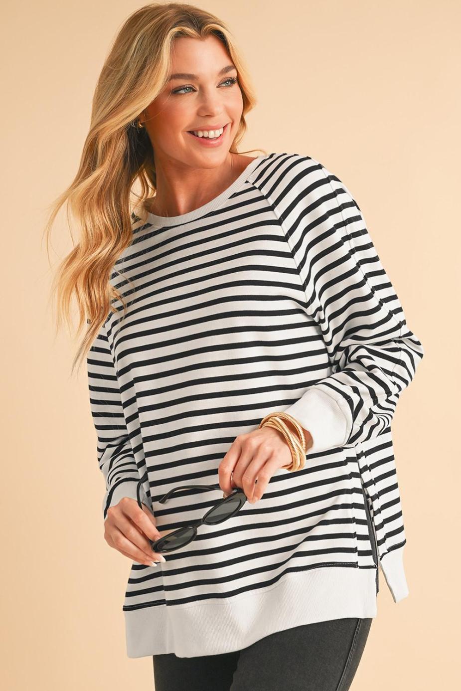 Sweatshirts & Hoodies | Black Stripe Raglan Sleeve Loose Split Sweatshirt - Women