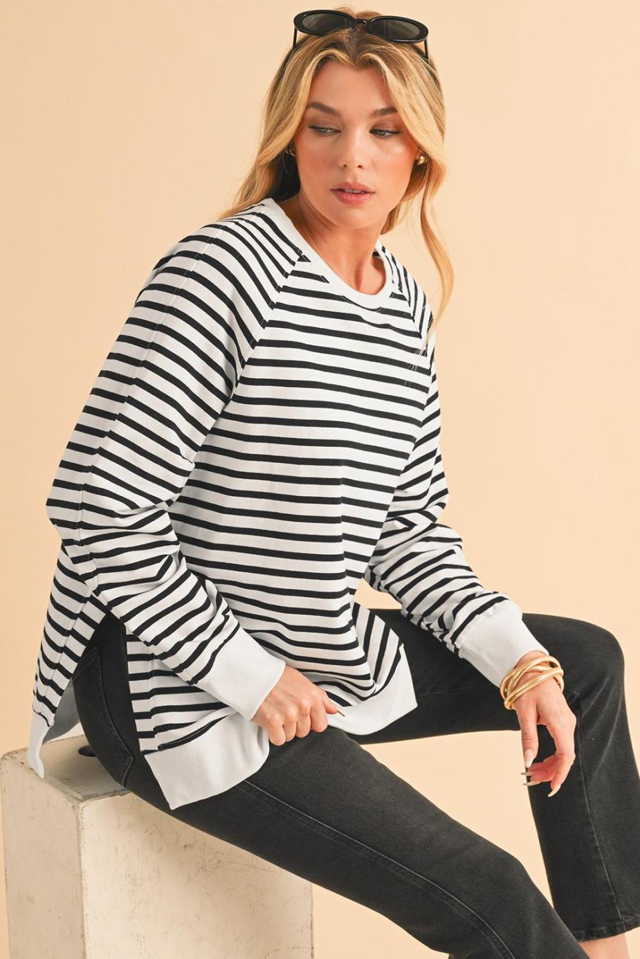 Sweatshirts & Hoodies | Black Stripe Raglan Sleeve Loose Split Sweatshirt - Women
