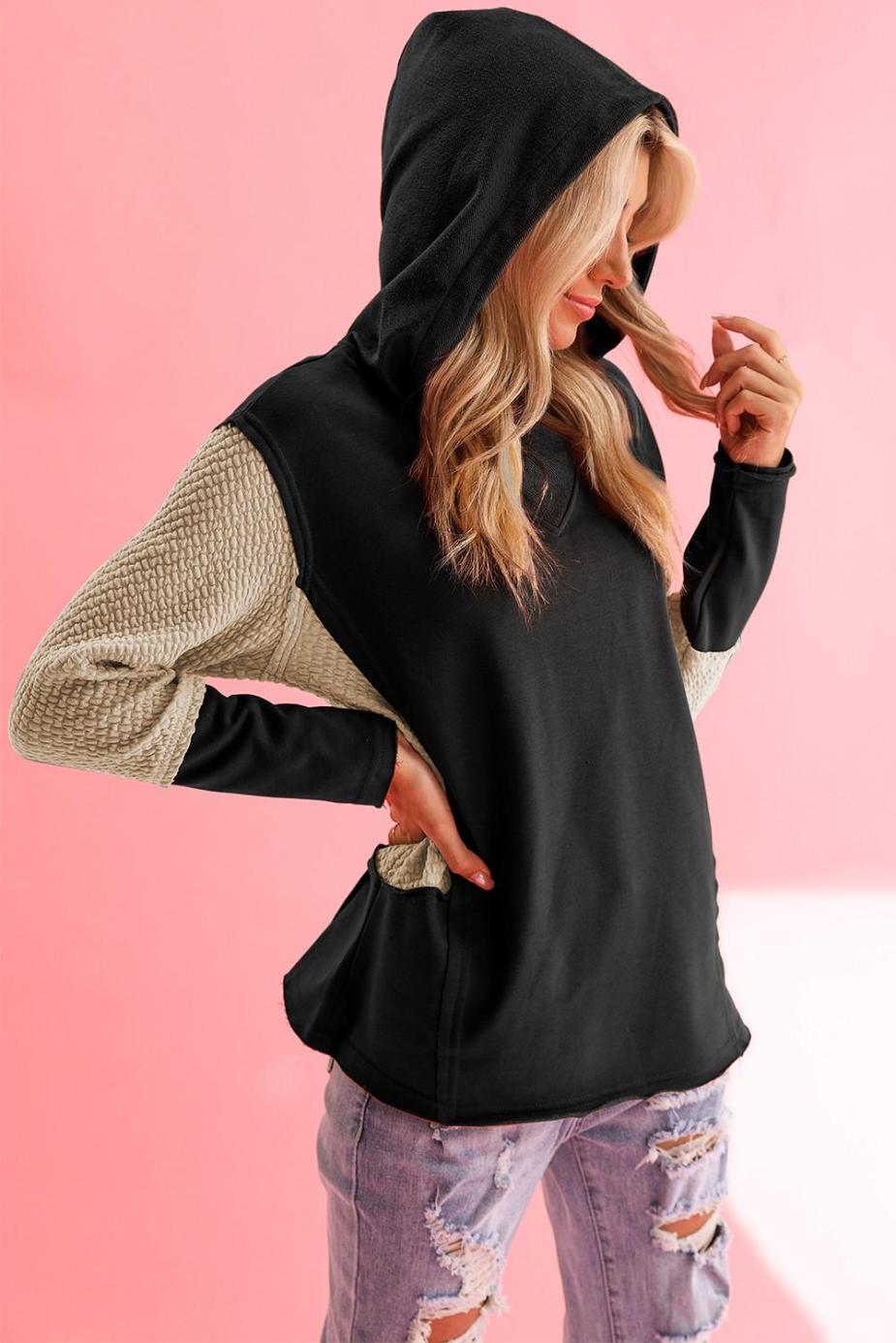 Sweatshirts & Hoodies | Black Textured Splicing Sleeve Raw Hem Hoodie - Women