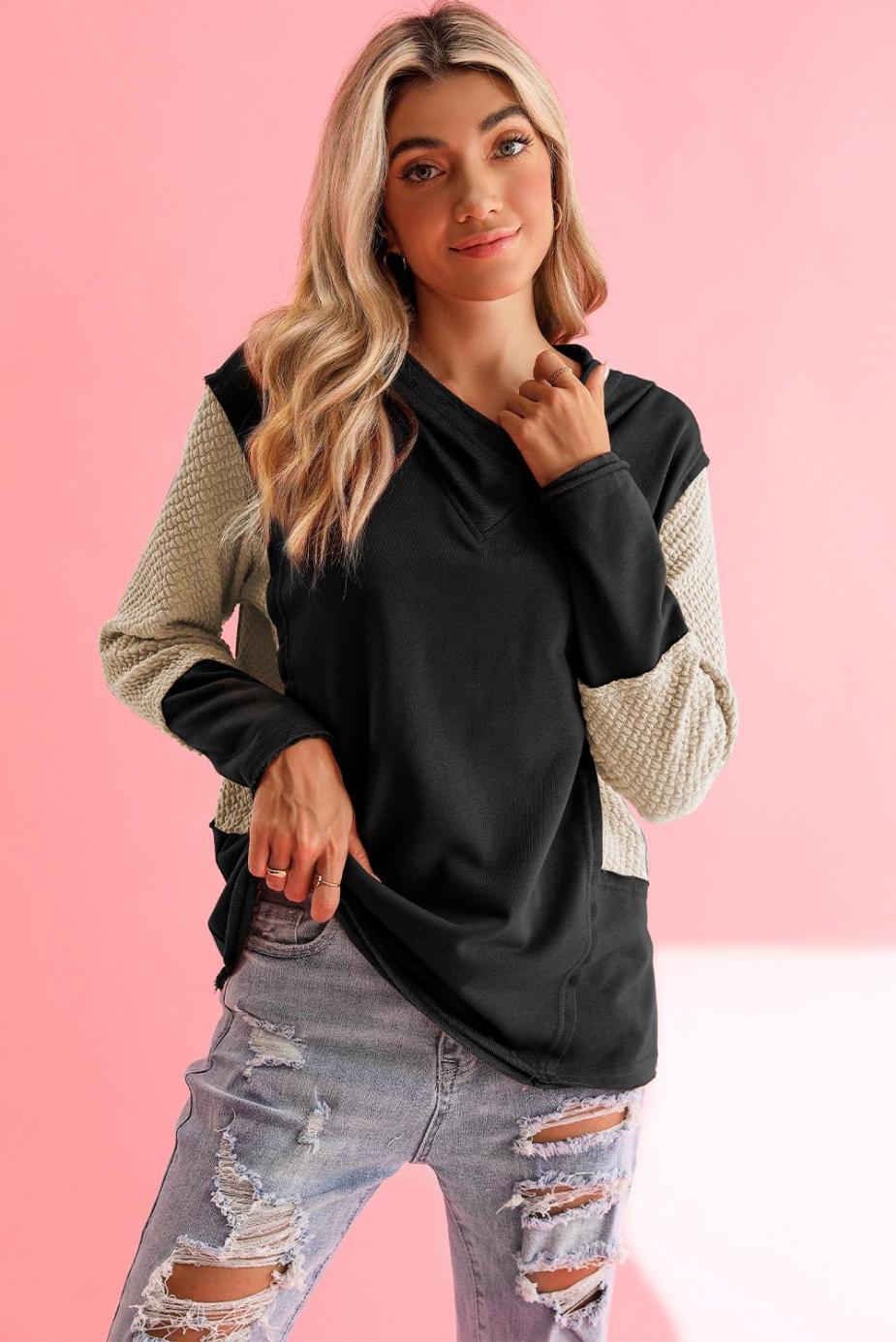 Sweatshirts & Hoodies | Black Textured Splicing Sleeve Raw Hem Hoodie - Women