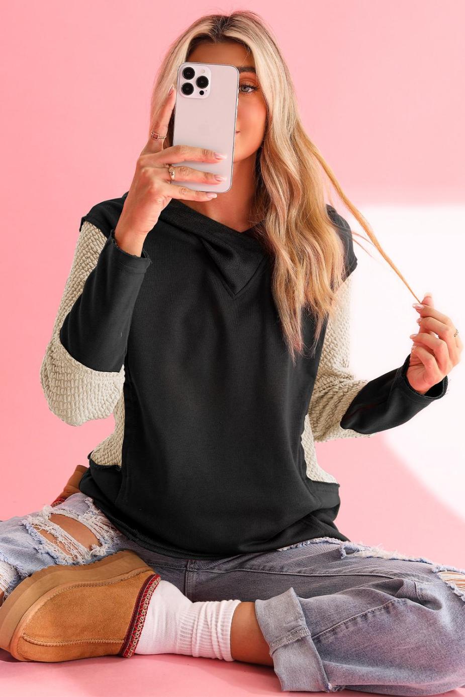 Sweatshirts & Hoodies | Black Textured Splicing Sleeve Raw Hem Hoodie - Women