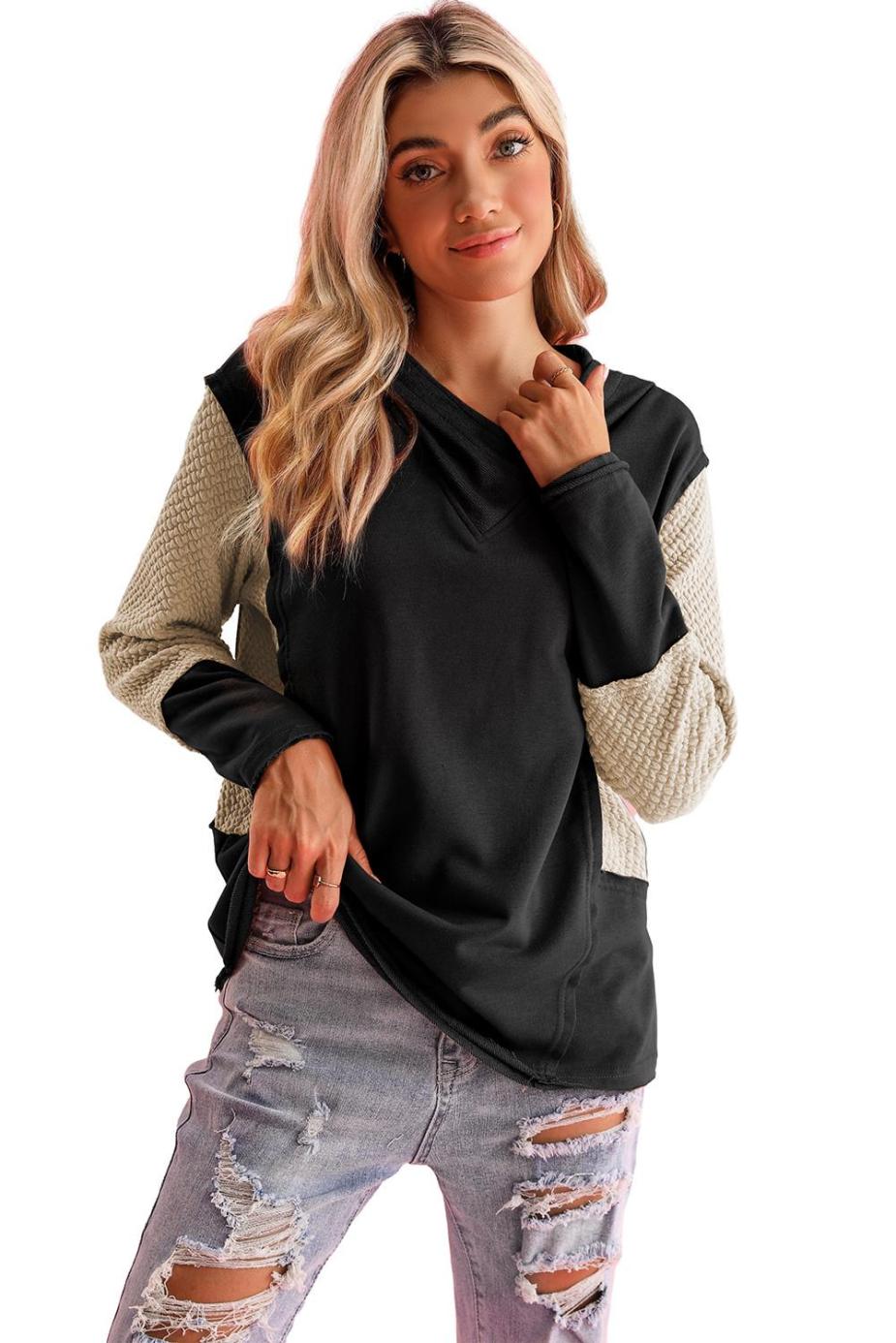 Sweatshirts & Hoodies | Black Textured Splicing Sleeve Raw Hem Hoodie - Women