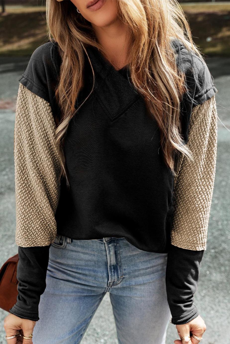 Sweatshirts & Hoodies | Black Textured Splicing Sleeve Raw Hem Hoodie - Women