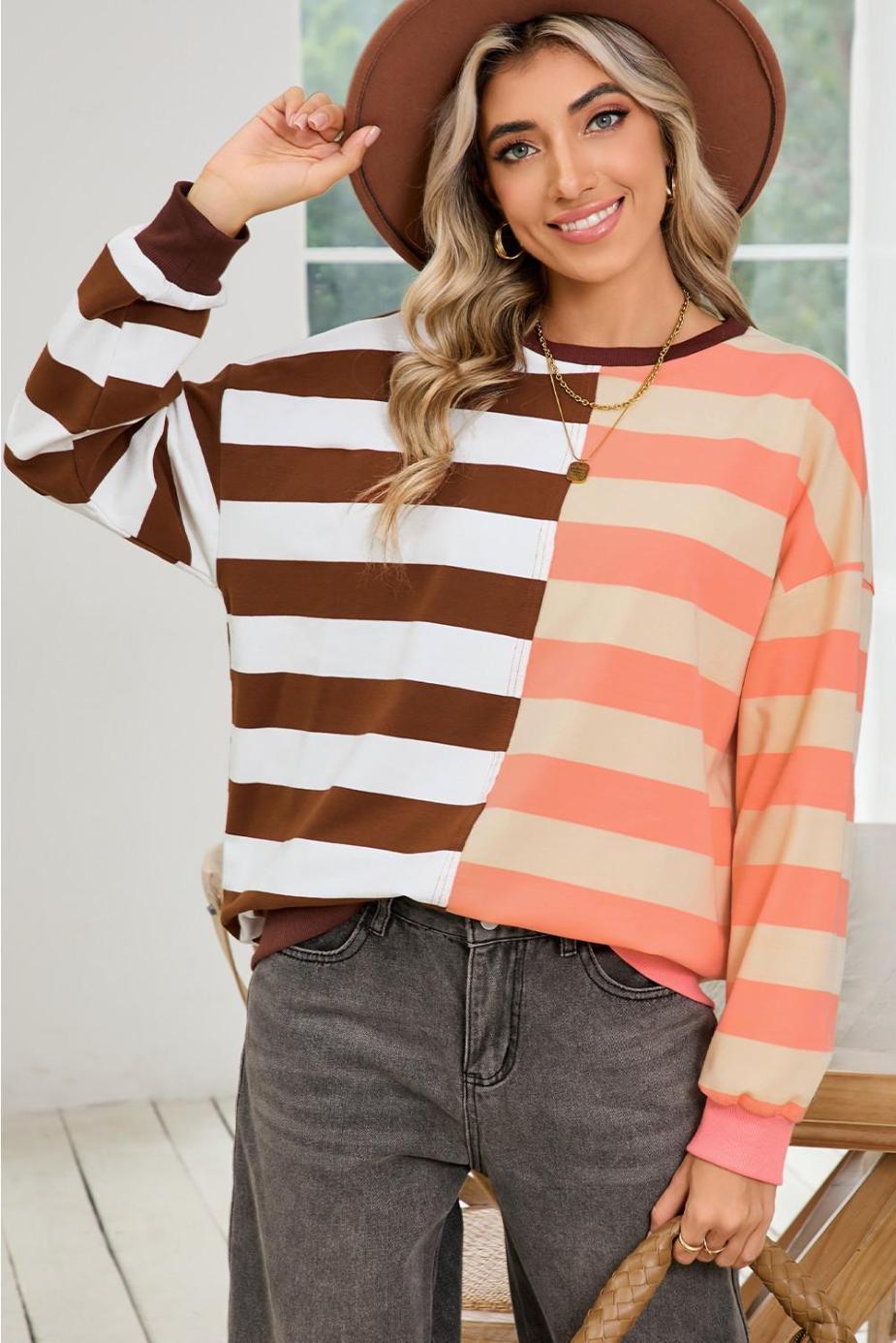 Sweatshirts & Hoodies | Brown Stripe Color Block Drop Shoulder Pullover Sweatshirt - Women