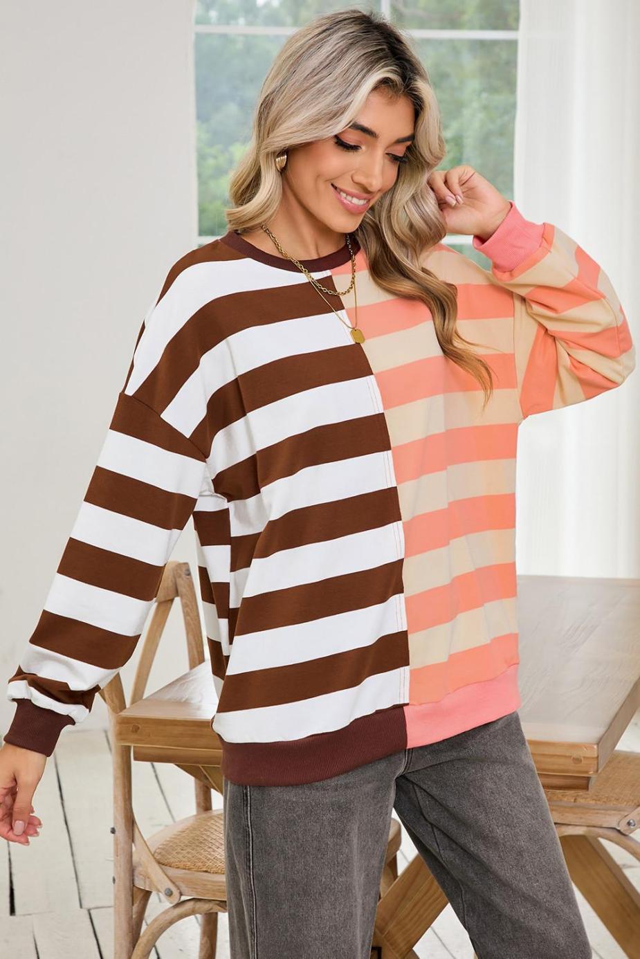 Sweatshirts & Hoodies | Brown Stripe Color Block Drop Shoulder Pullover Sweatshirt - Women