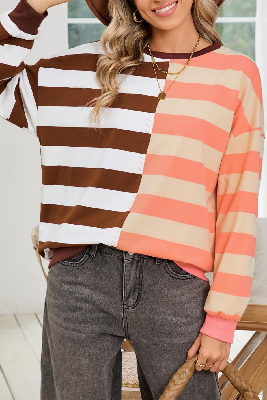 Sweatshirts & Hoodies | Brown Stripe Color Block Drop Shoulder Pullover Sweatshirt - Women