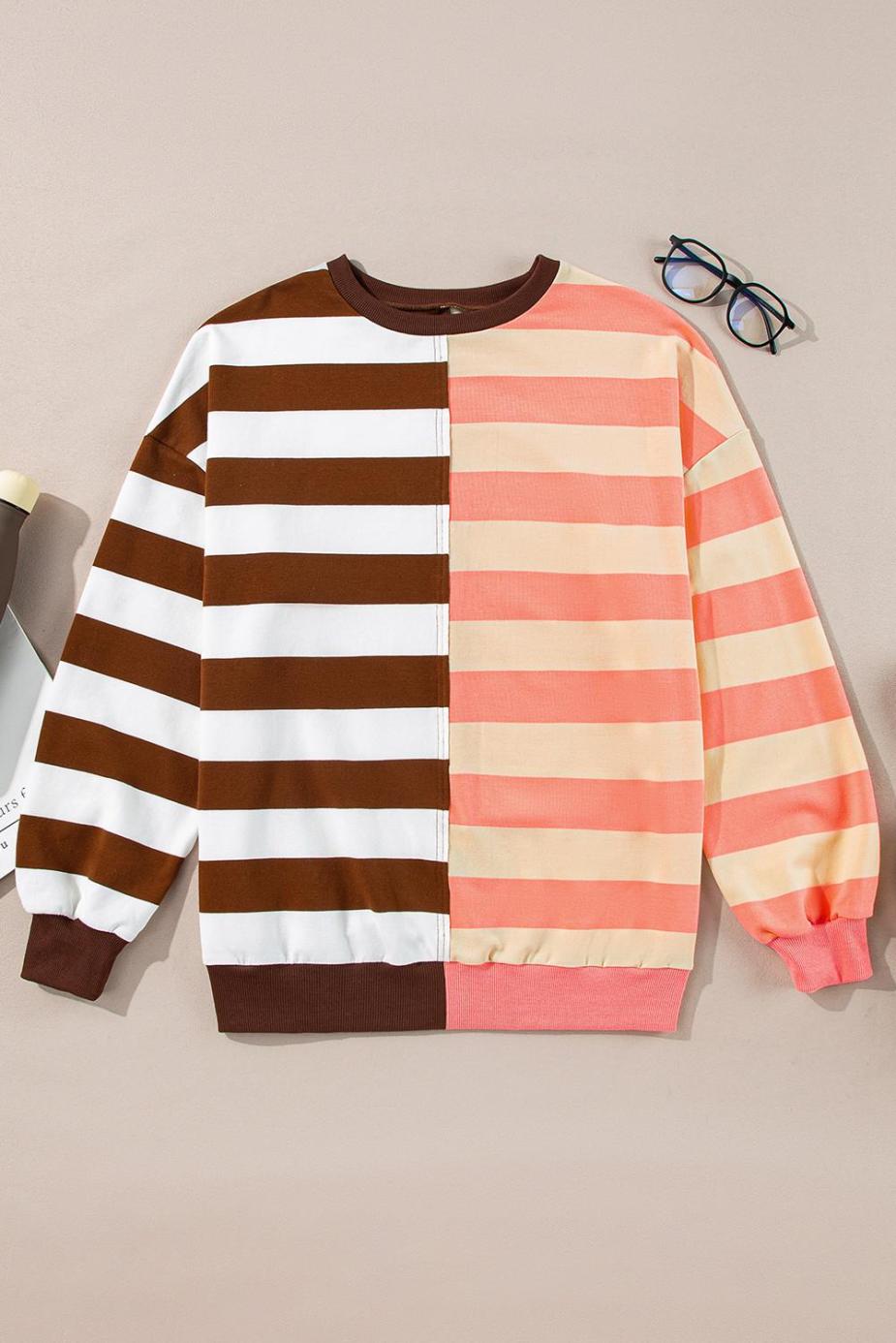 Sweatshirts & Hoodies | Brown Stripe Color Block Drop Shoulder Pullover Sweatshirt - Women