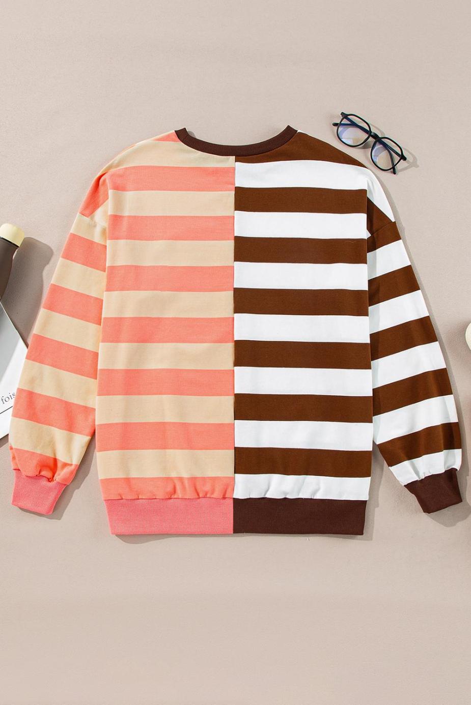 Sweatshirts & Hoodies | Brown Stripe Color Block Drop Shoulder Pullover Sweatshirt - Women