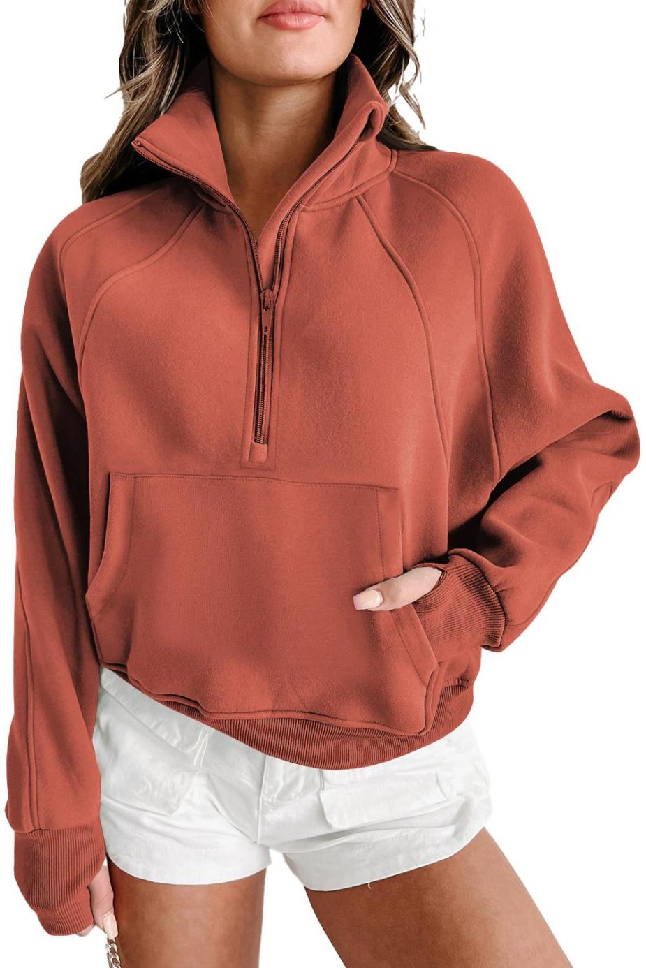 Sweatshirts & Hoodies | Flamingo Zip Up Stand Collar Ribbed Thumbhole Sleeve Sweatshirt - Women