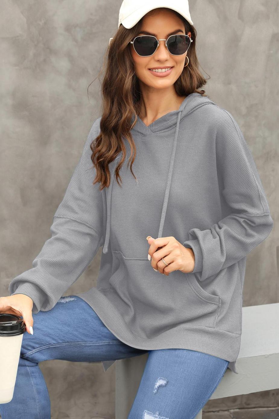 Sweatshirts & Hoodies | Gray Waffle Knit High Low Oversized Hoodie - Women