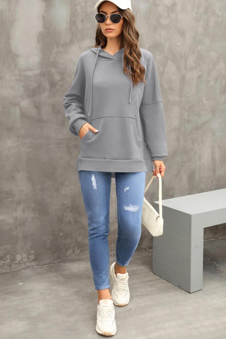 Sweatshirts & Hoodies | Gray Waffle Knit High Low Oversized Hoodie - Women