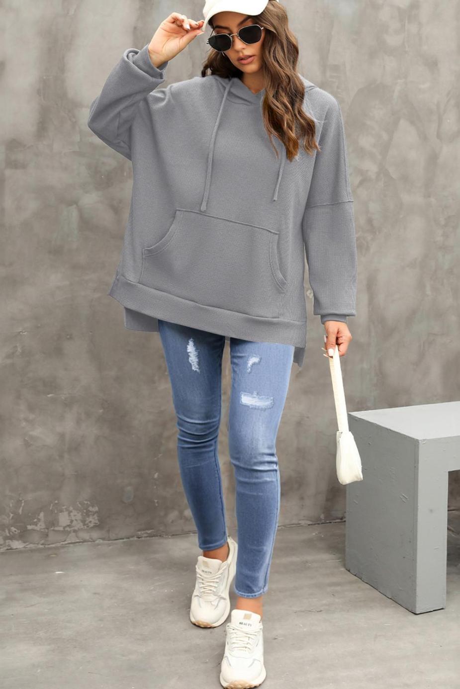 Sweatshirts & Hoodies | Gray Waffle Knit High Low Oversized Hoodie - Women