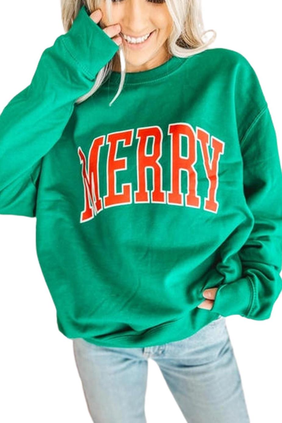Sweatshirts & Hoodies | Green Merry Print Drop Sleeve Pullover Sweatshirt - Women