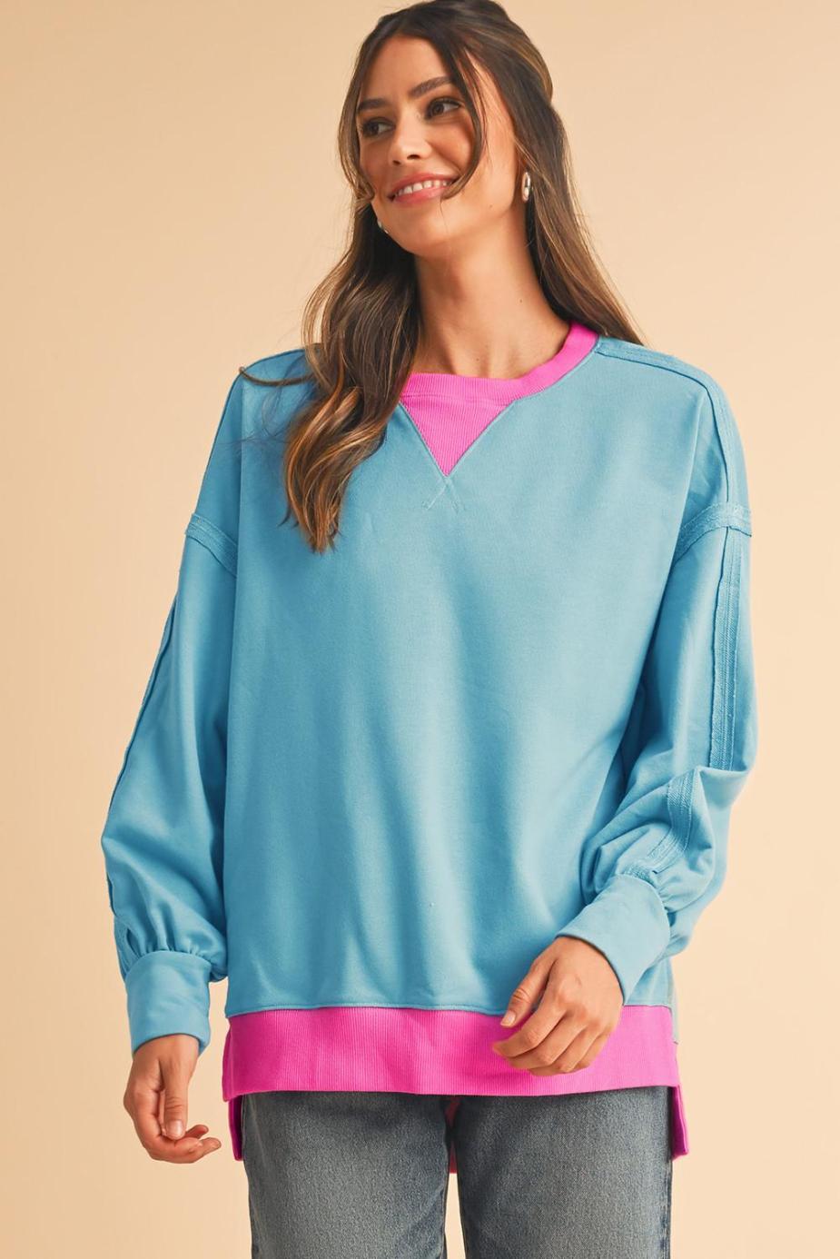 Sweatshirts & Hoodies | Light Blue Drop Sleeve Contrast Trim Oversized Sweatshirt - Women
