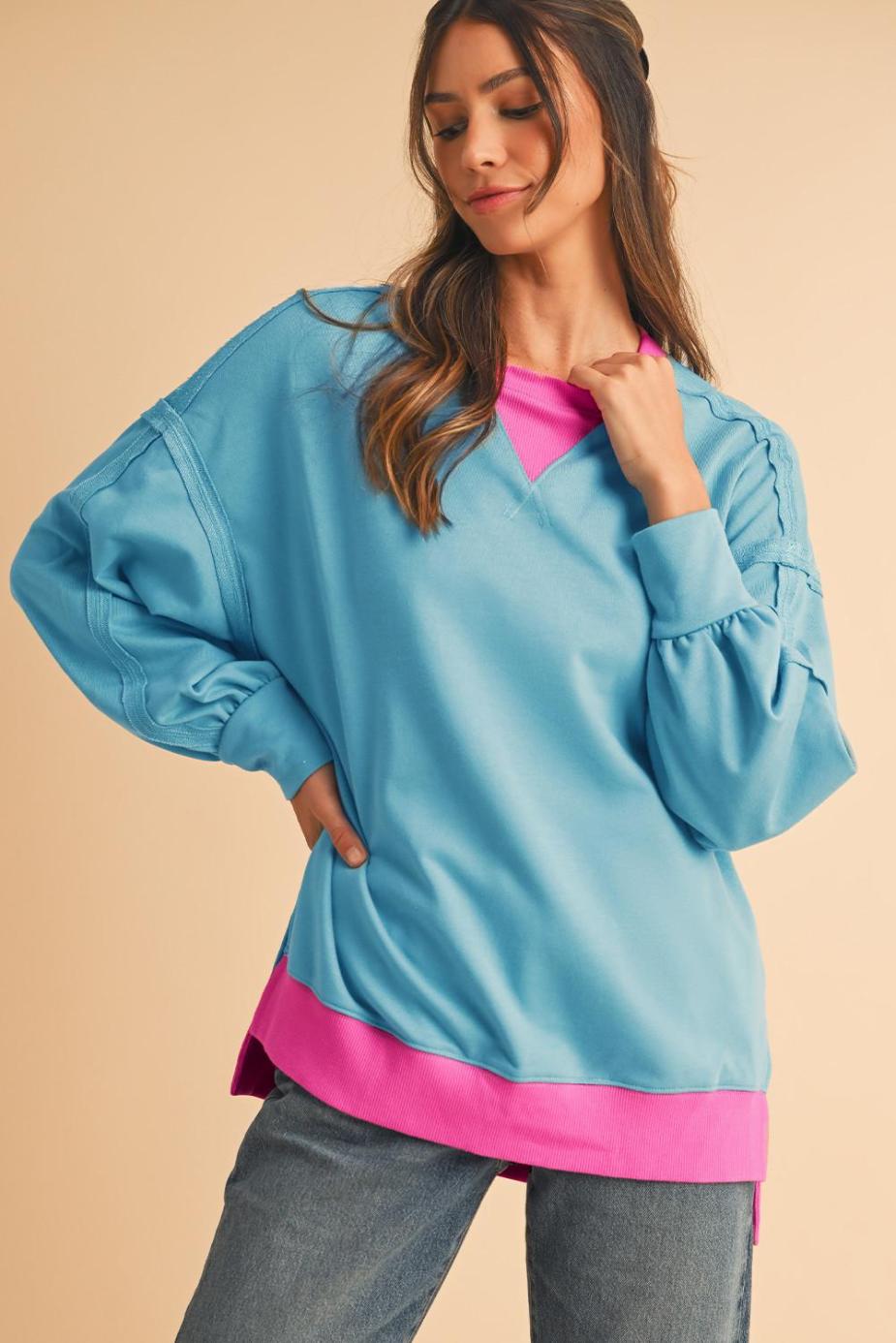 Sweatshirts & Hoodies | Light Blue Drop Sleeve Contrast Trim Oversized Sweatshirt - Women