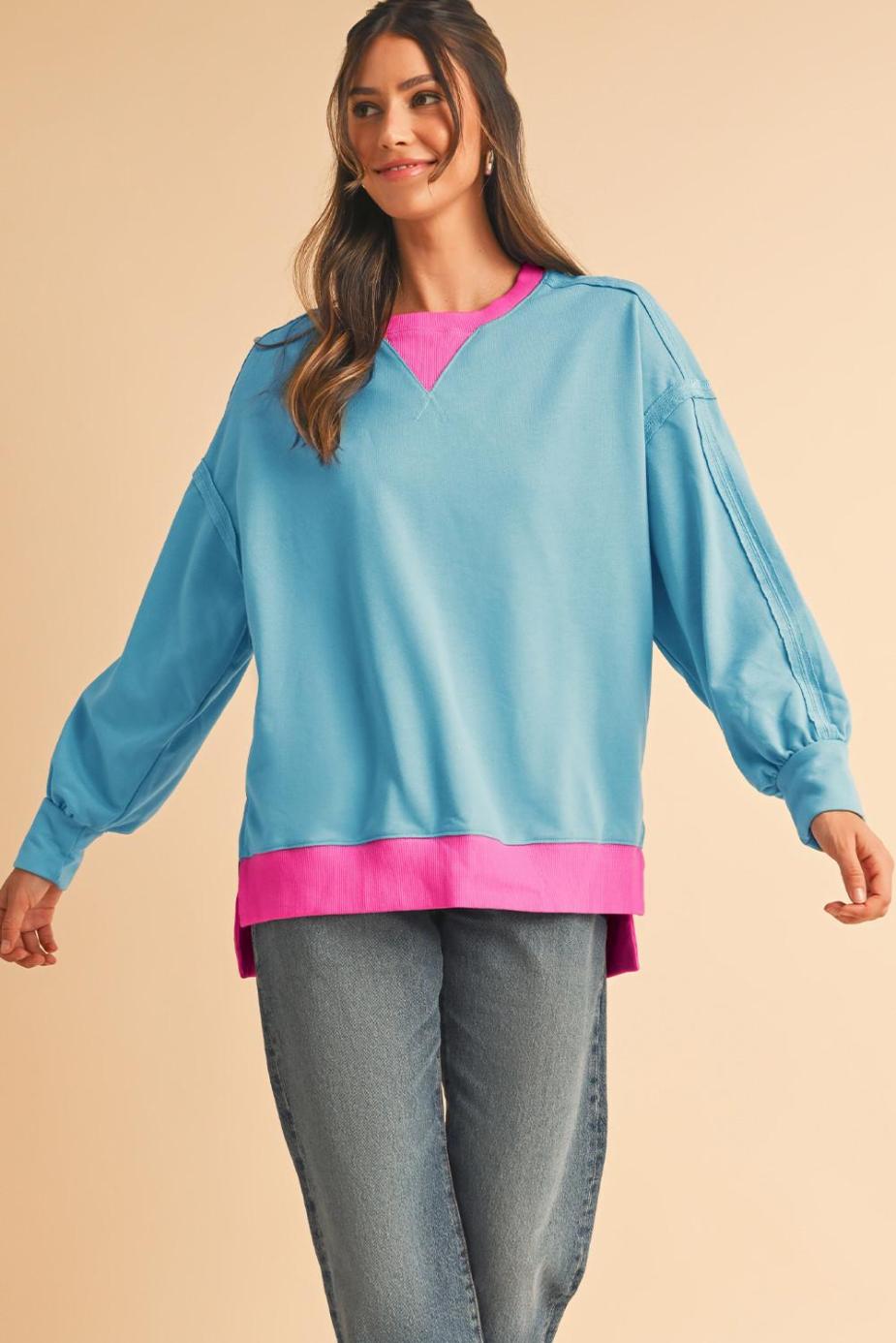 Sweatshirts & Hoodies | Light Blue Drop Sleeve Contrast Trim Oversized Sweatshirt - Women