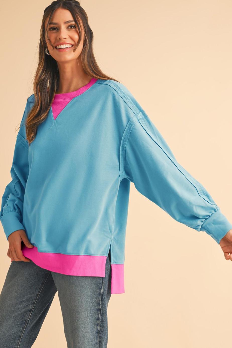 Sweatshirts & Hoodies | Light Blue Drop Sleeve Contrast Trim Oversized Sweatshirt - Women