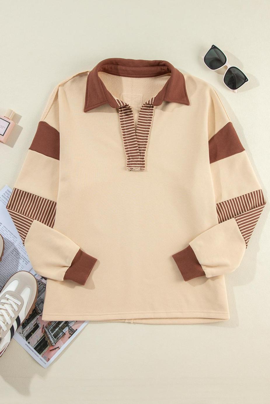 Sweatshirts & Hoodies | Light French Beige Striped Patchwork Collar Sweatshirt - Women