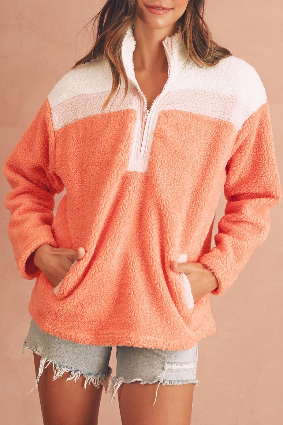 Sweatshirts & Hoodies | Orange Colorblock Zipper Stand Neck Sherpa Sweatshirt - Women