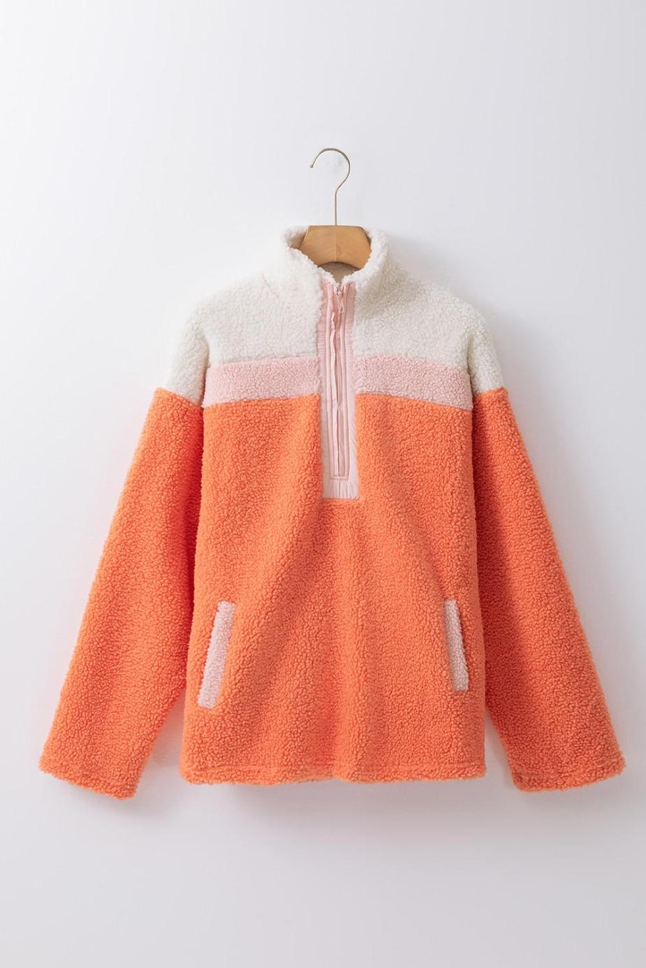 Sweatshirts & Hoodies | Orange Colorblock Zipper Stand Neck Sherpa Sweatshirt - Women