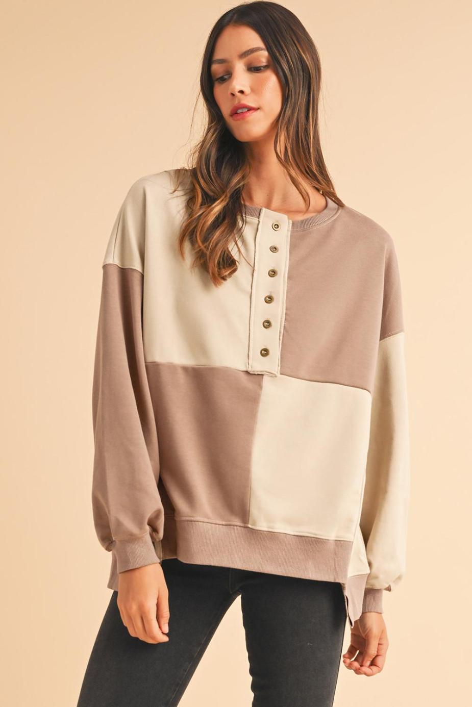 Sweatshirts & Hoodies | Parchment Colorblock Henley High Low Loose Sweatshirt - Women