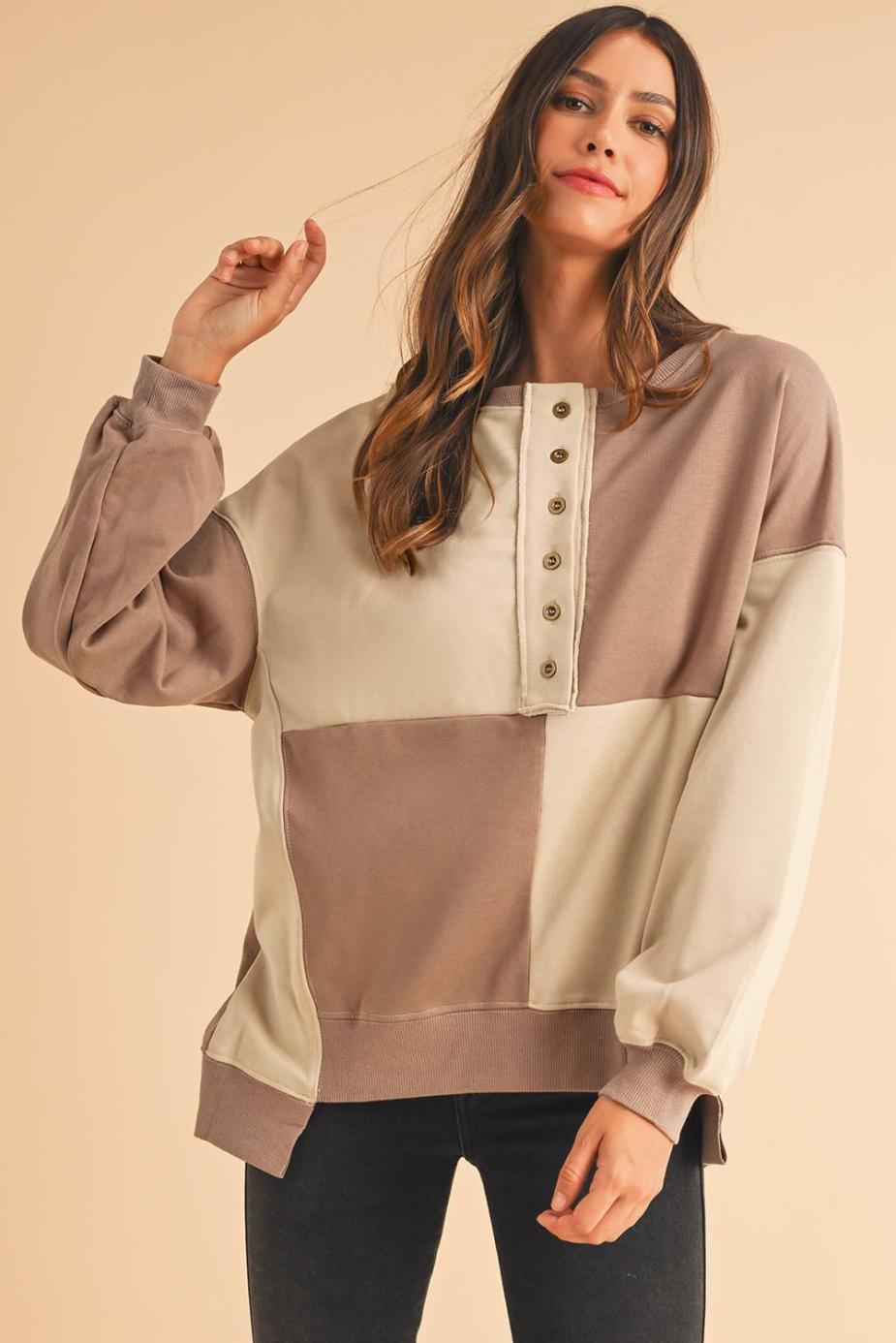 Sweatshirts & Hoodies | Parchment Colorblock Henley High Low Loose Sweatshirt - Women