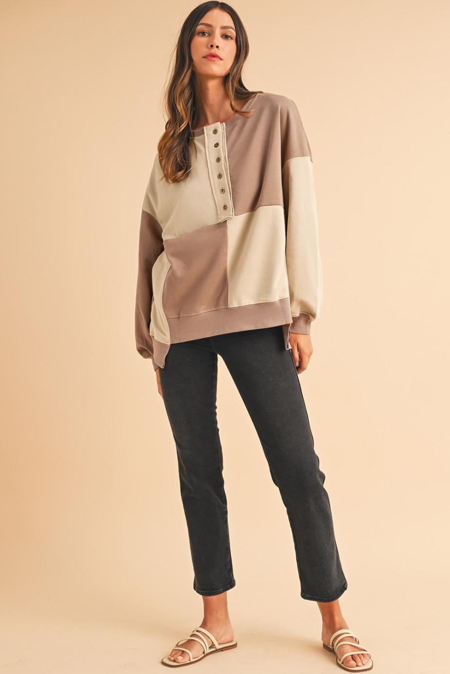 Sweatshirts & Hoodies | Parchment Colorblock Henley High Low Loose Sweatshirt - Women