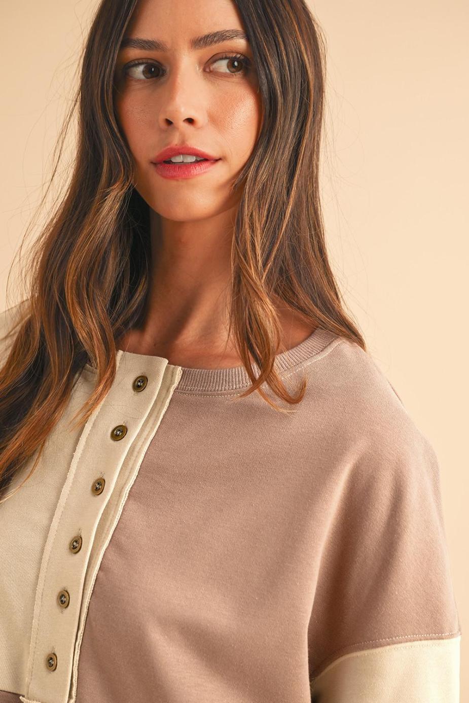 Sweatshirts & Hoodies | Parchment Colorblock Henley High Low Loose Sweatshirt - Women