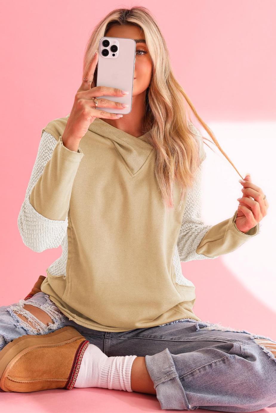 Sweatshirts & Hoodies | Parchment Textured Splicing Sleeve Raw Hem Hoodie - Women