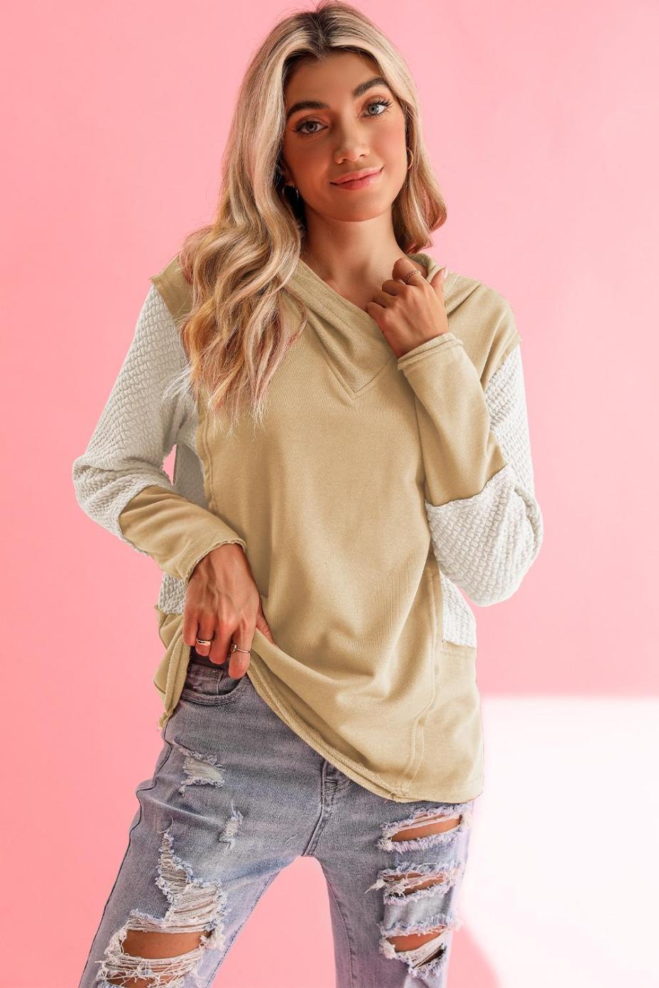 Sweatshirts & Hoodies | Parchment Textured Splicing Sleeve Raw Hem Hoodie - Women