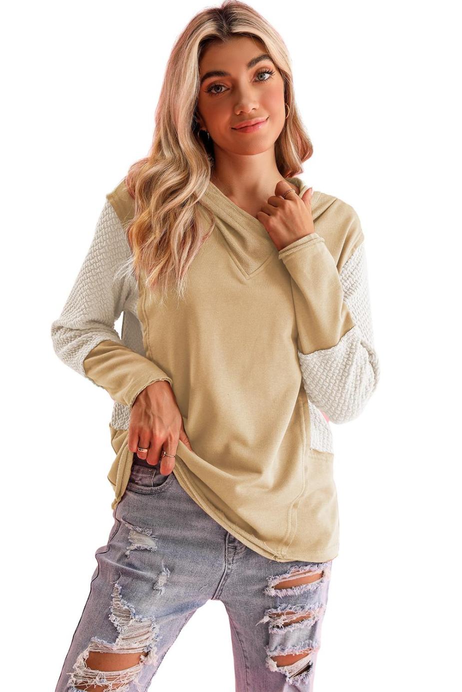 Sweatshirts & Hoodies | Parchment Textured Splicing Sleeve Raw Hem Hoodie - Women