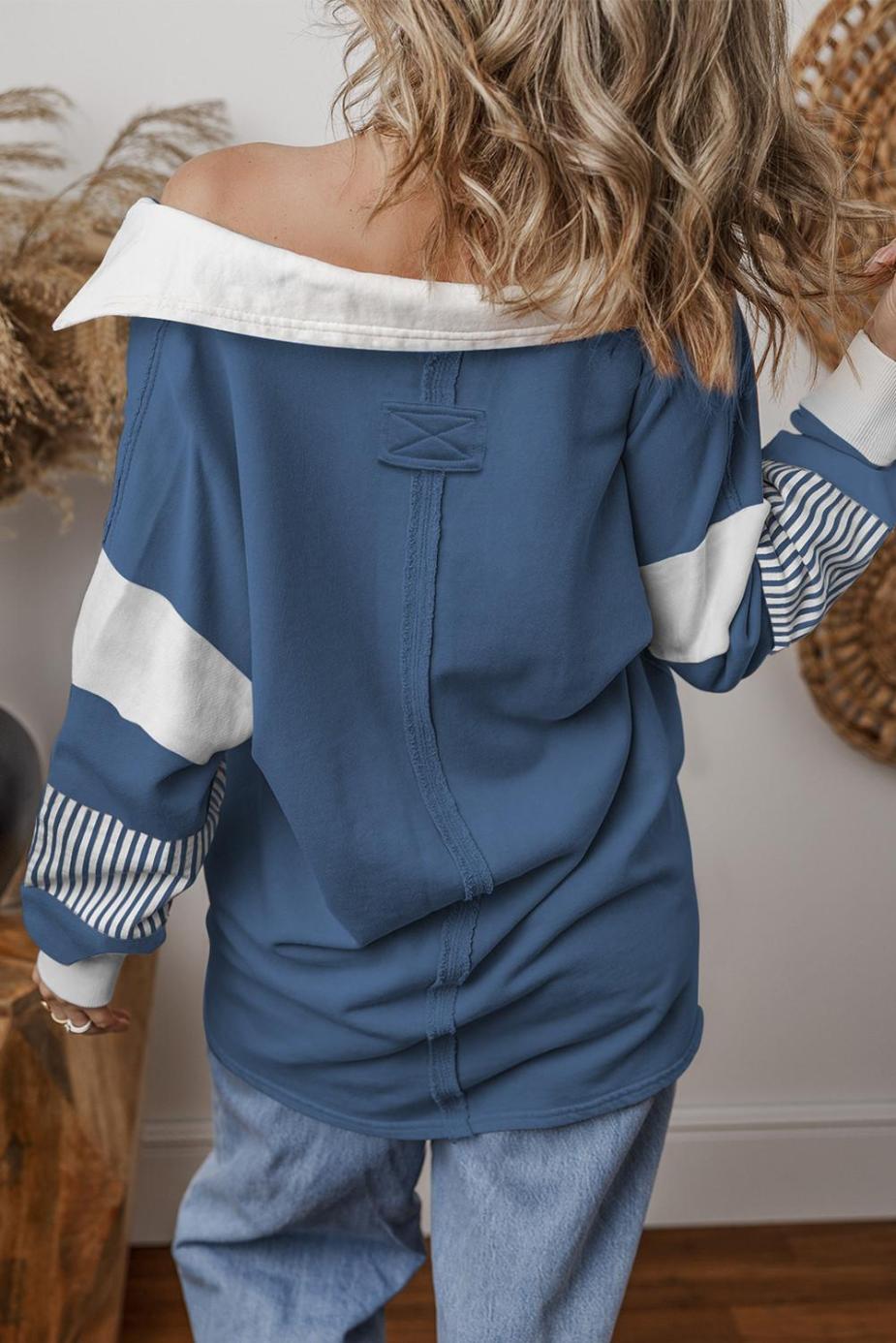 Sweatshirts & Hoodies | Sail Blue Striped Patchwork Collar Sweatshirt - Women