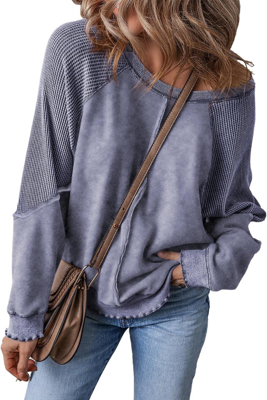 Sweatshirts & Hoodies | Sail Blue Waffle Knit Patchwork Raglan Sleeve Sweatshirt - Women