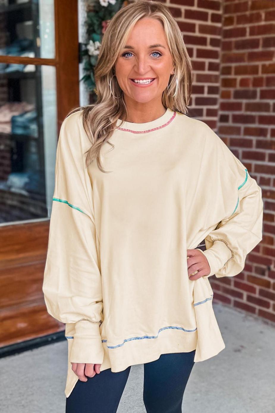 Sweatshirts & Hoodies | White Contrast Stitching Split Oversized Sweatshirt - Women