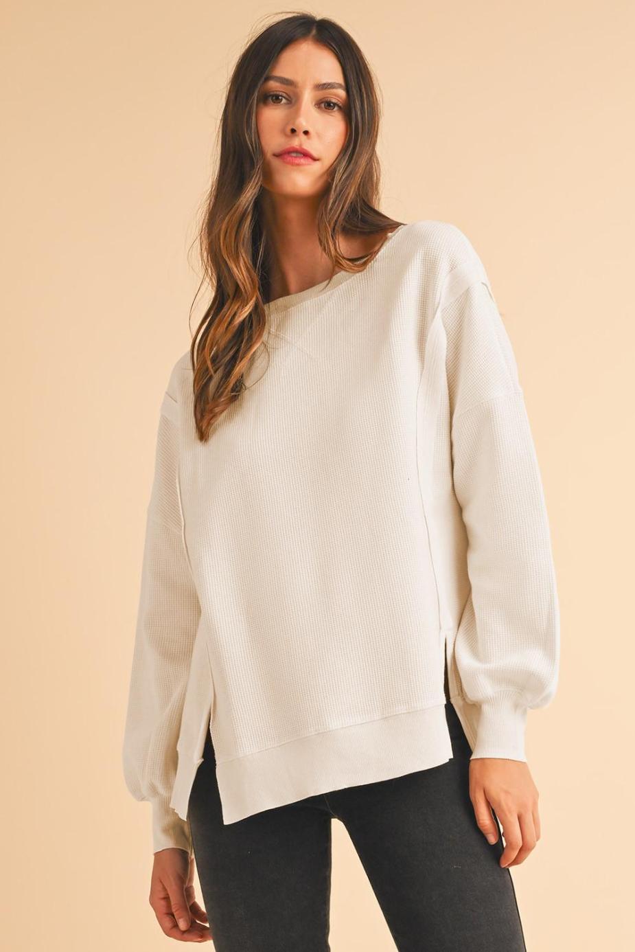 Sweatshirts & Hoodies | White Waffle Bishop Sleeve Split Oversized Sweatshirt - Women