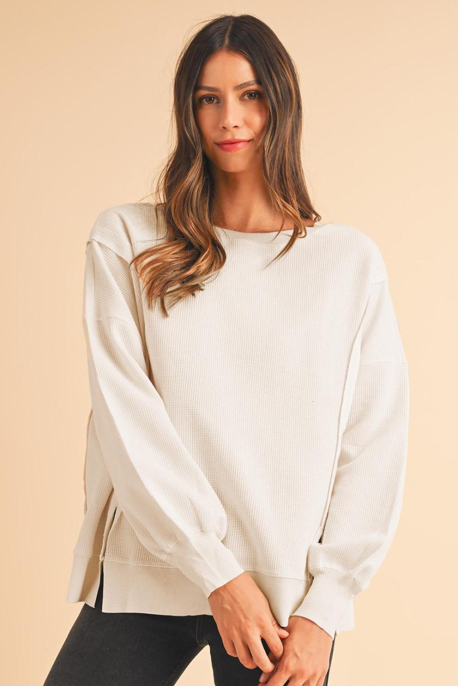 Sweatshirts & Hoodies | White Waffle Bishop Sleeve Split Oversized Sweatshirt - Women