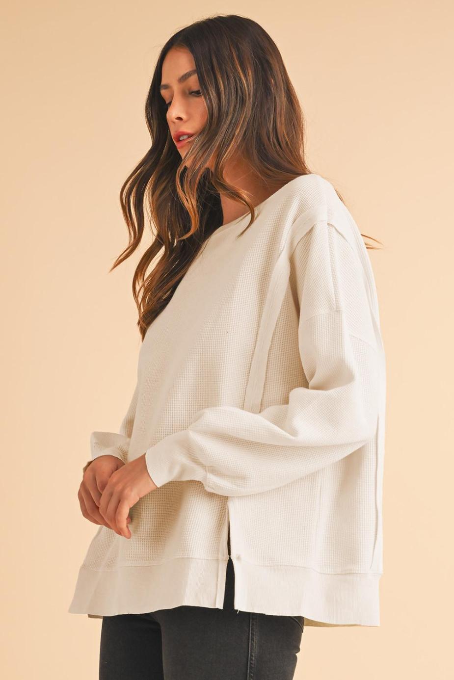 Sweatshirts & Hoodies | White Waffle Bishop Sleeve Split Oversized Sweatshirt - Women