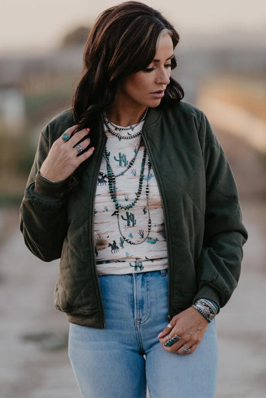 T Shirts | Beige Cactus Print Crew Neck Short Sleeve Top - Women