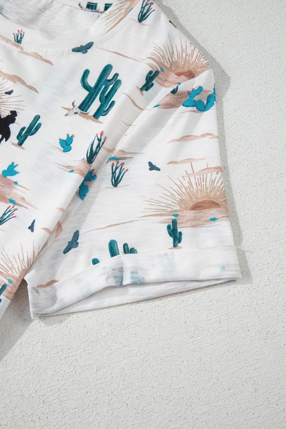 T Shirts | Beige Cactus Print Crew Neck Short Sleeve Top - Women