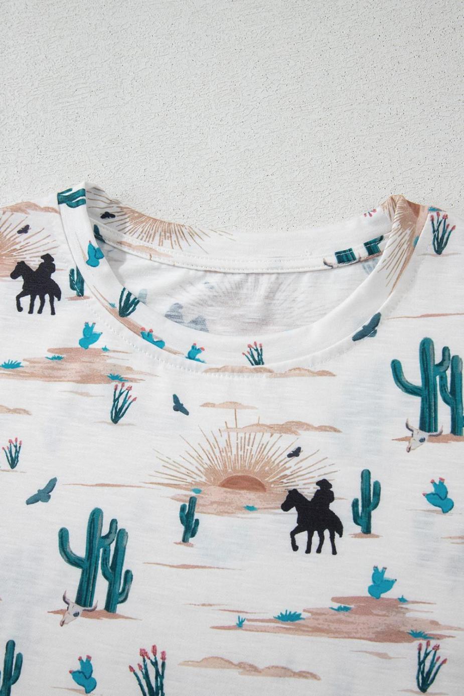 T Shirts | Beige Cactus Print Crew Neck Short Sleeve Top - Women