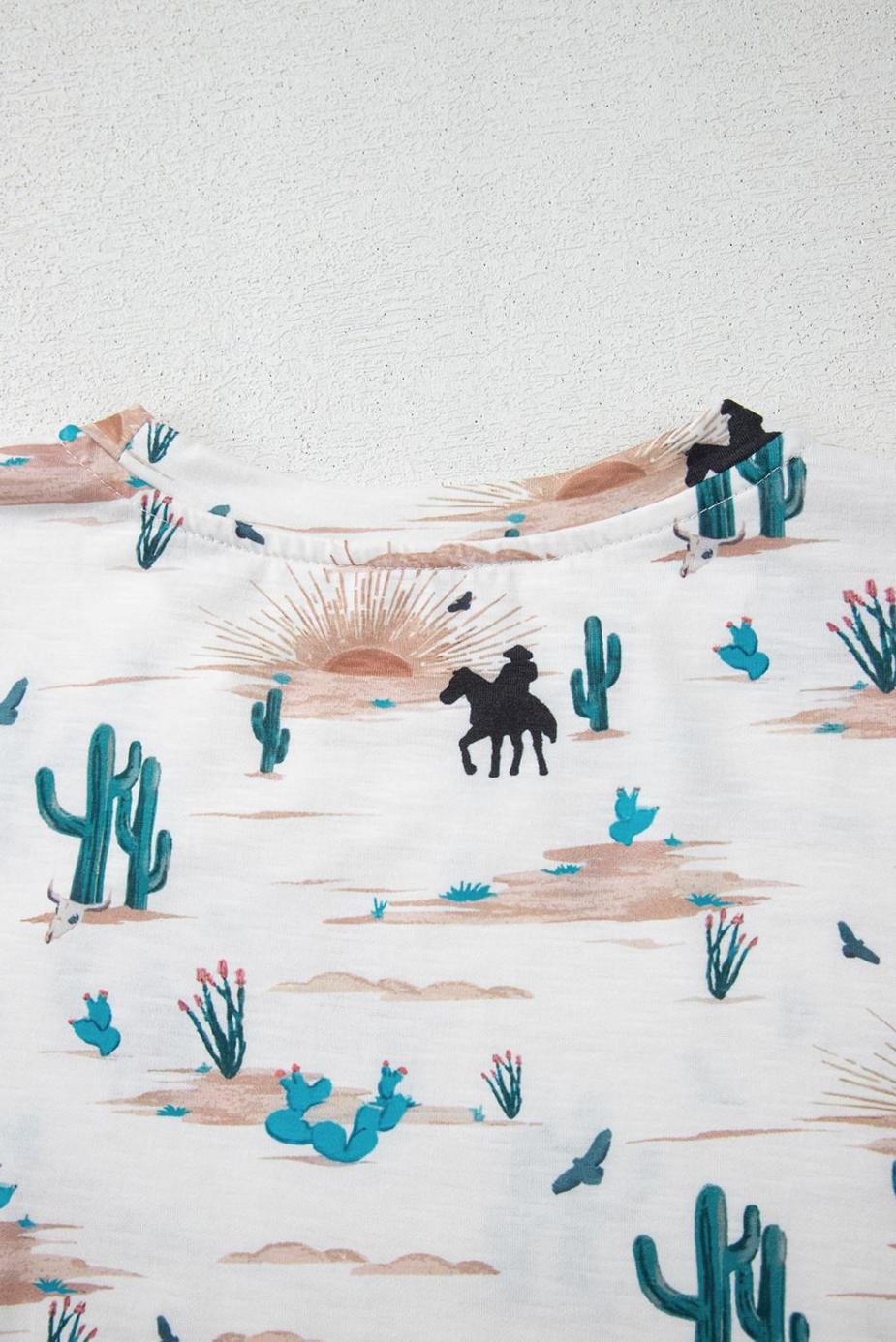 T Shirts | Beige Cactus Print Crew Neck Short Sleeve Top - Women