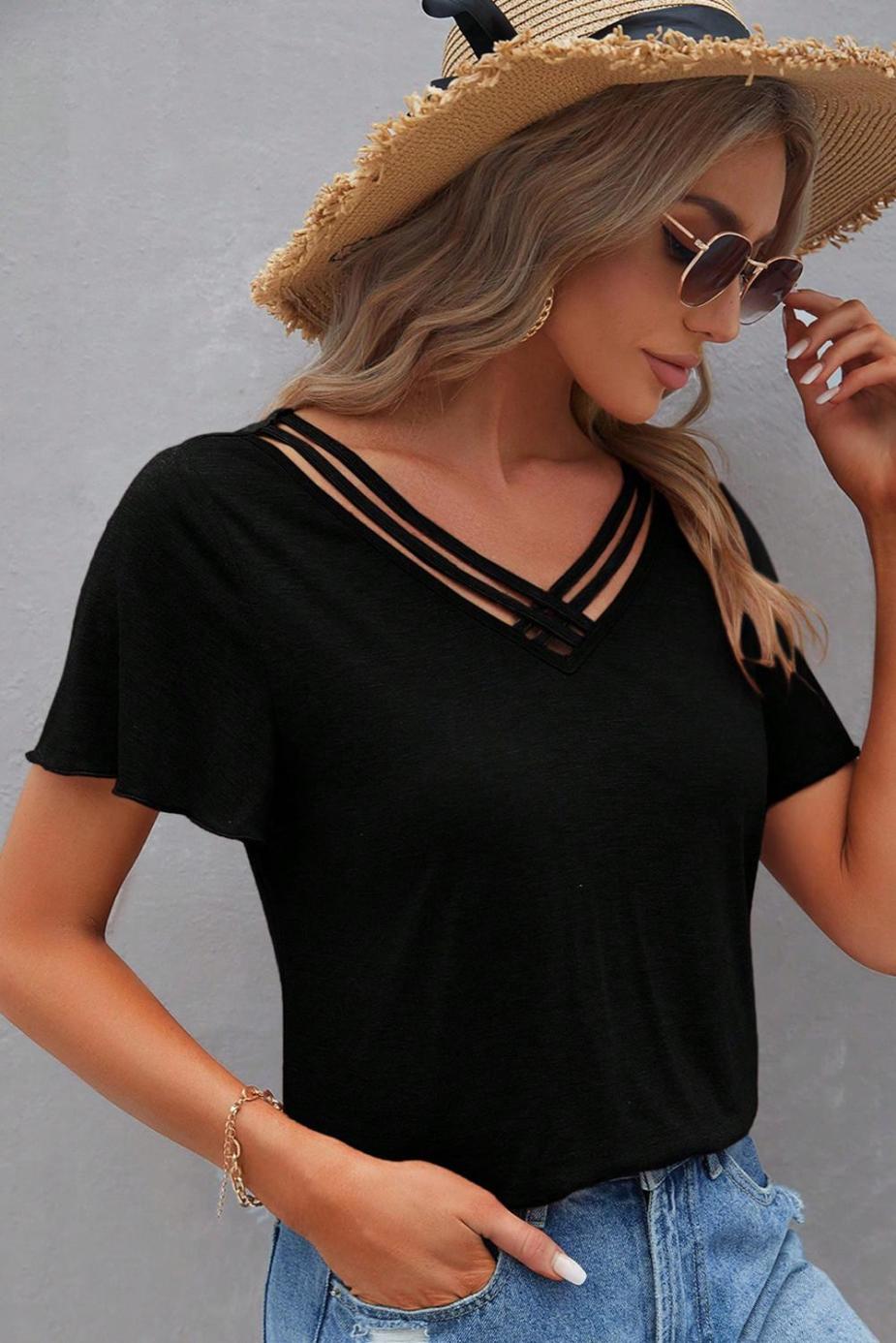 T Shirts | Black Crisscross V Neck Flutter Sleeve T Shirt - Women