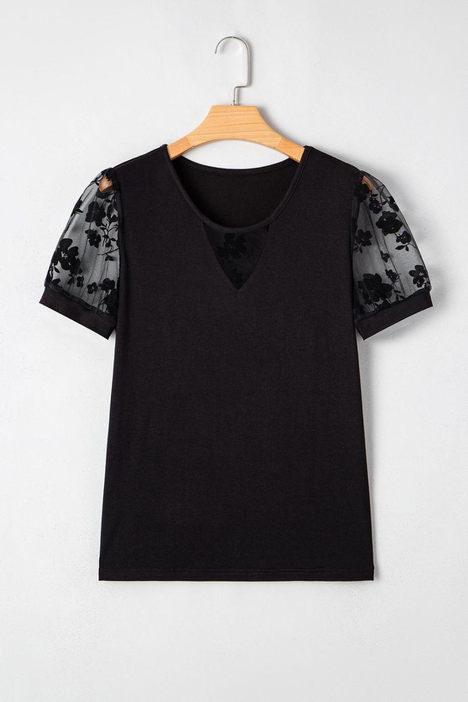 T Shirts | Black Floral Lace Patchwork Crew Neck T Shirt - Women