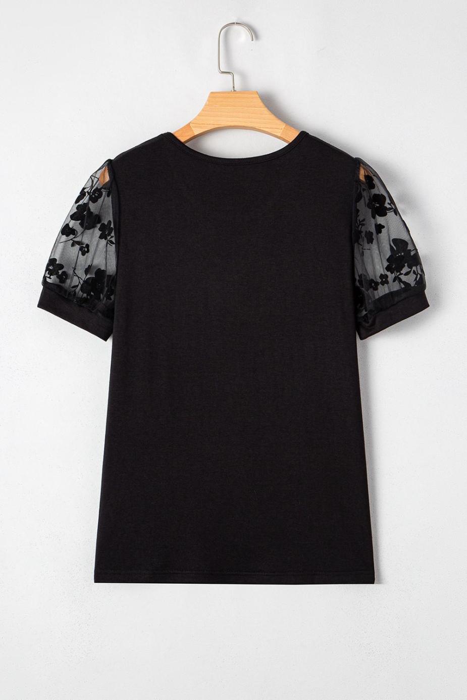 T Shirts | Black Floral Lace Patchwork Crew Neck T Shirt - Women