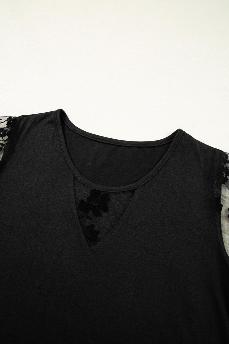 T Shirts | Black Floral Lace Patchwork Crew Neck T Shirt - Women