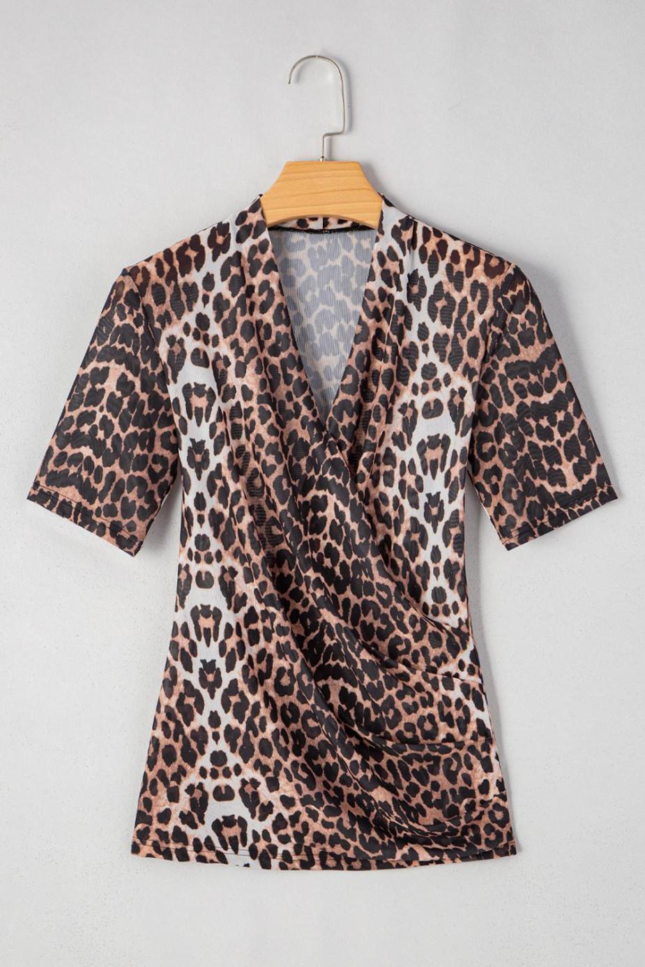 T Shirts | Black Leopard Wrapped V Neck Short Sleeve T Shirt - Women