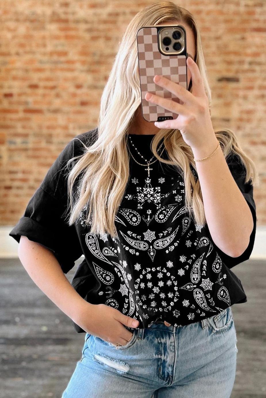 T Shirts | Black Paisley Print Crew Neck Loose Fit Graphic Tee - Women