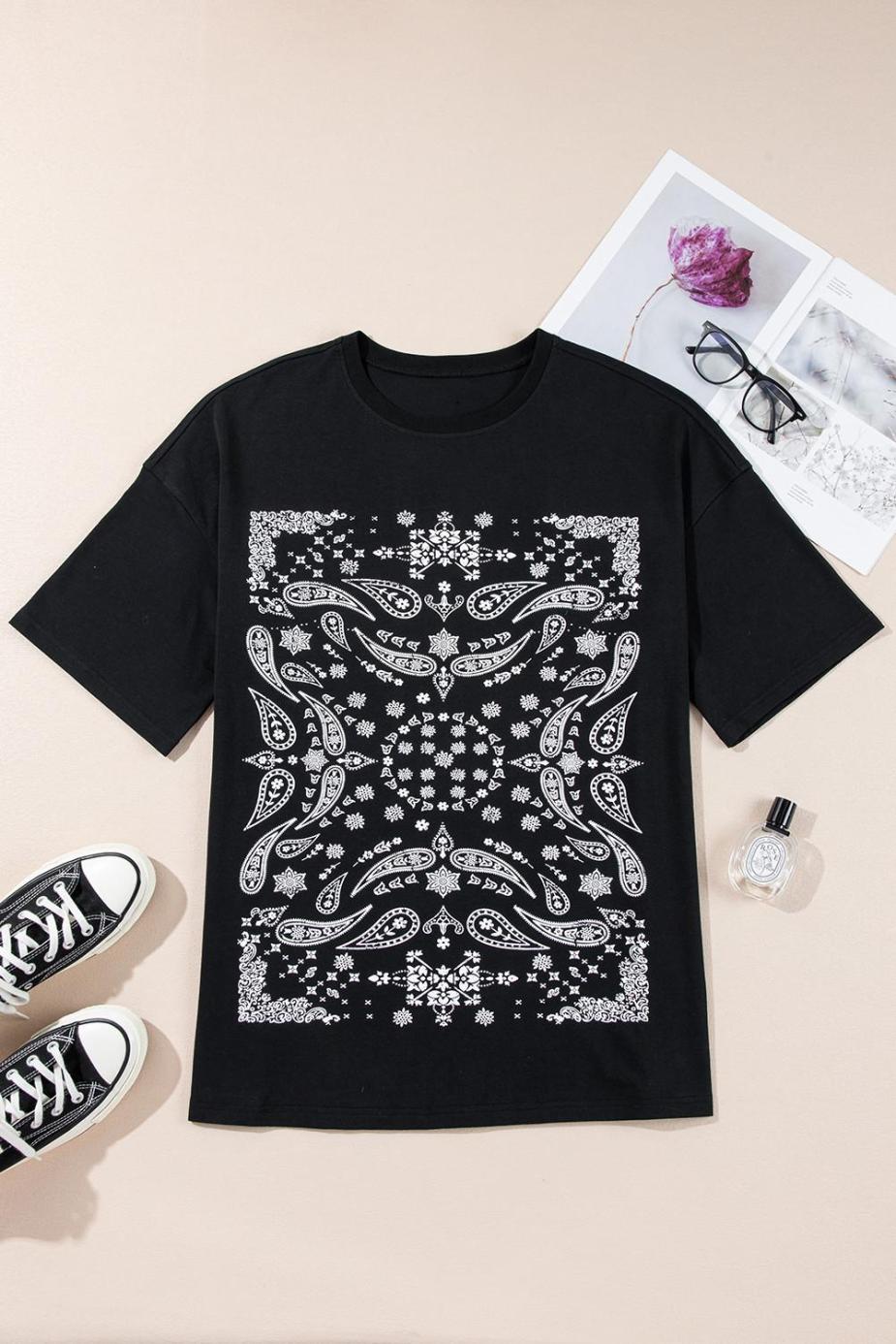 T Shirts | Black Paisley Print Crew Neck Loose Fit Graphic Tee - Women
