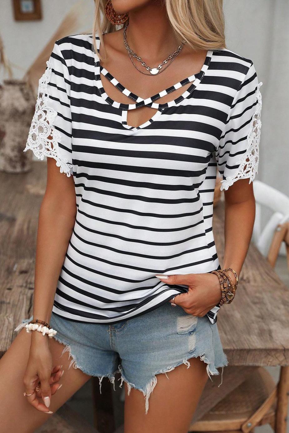 T Shirts | Black Stripe Criss Cross V Neck Lace Patchwork Sleeve T Shirt - Women