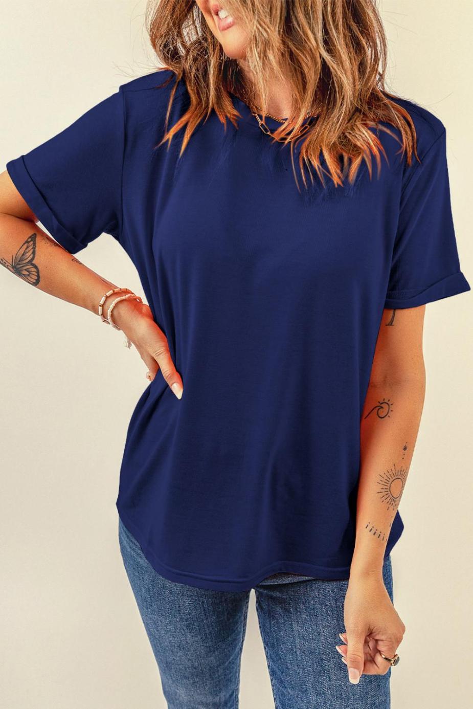 T Shirts | Blue Solid Color Basic Crew Neck Plain Tee - Women